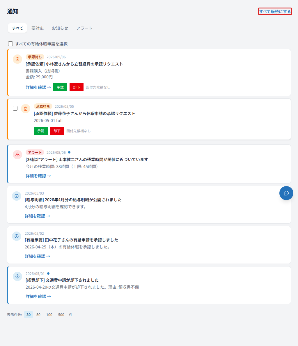通知一覧(すべてタブ)右上の「すべて既読にする」ボタンで一括既読