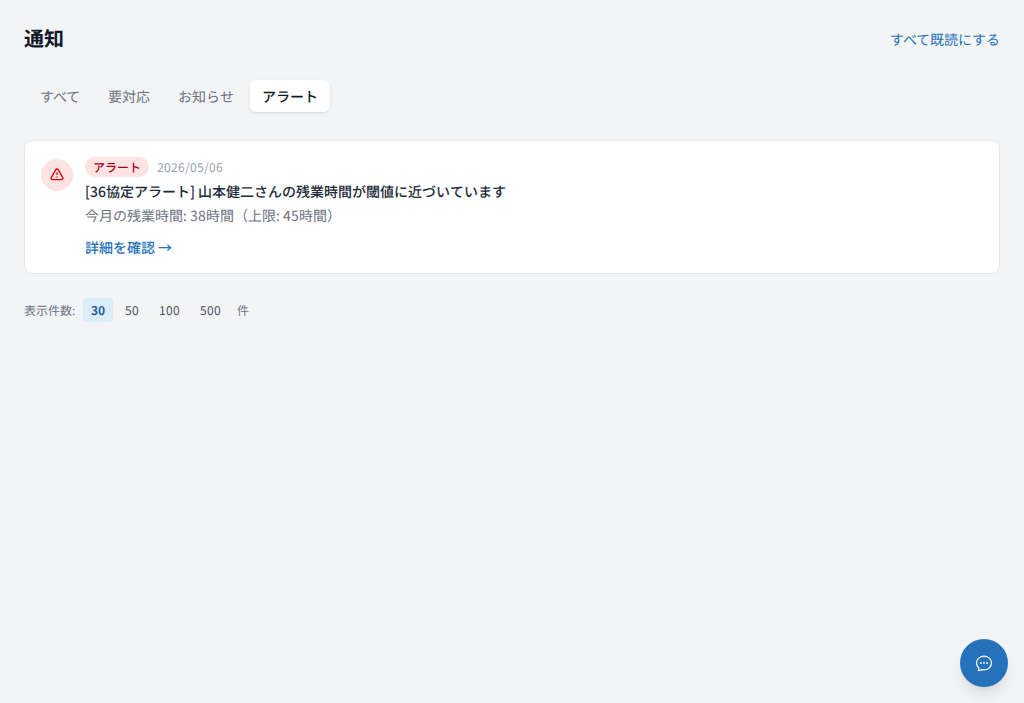 アラートタブ(36協定アラートの例)