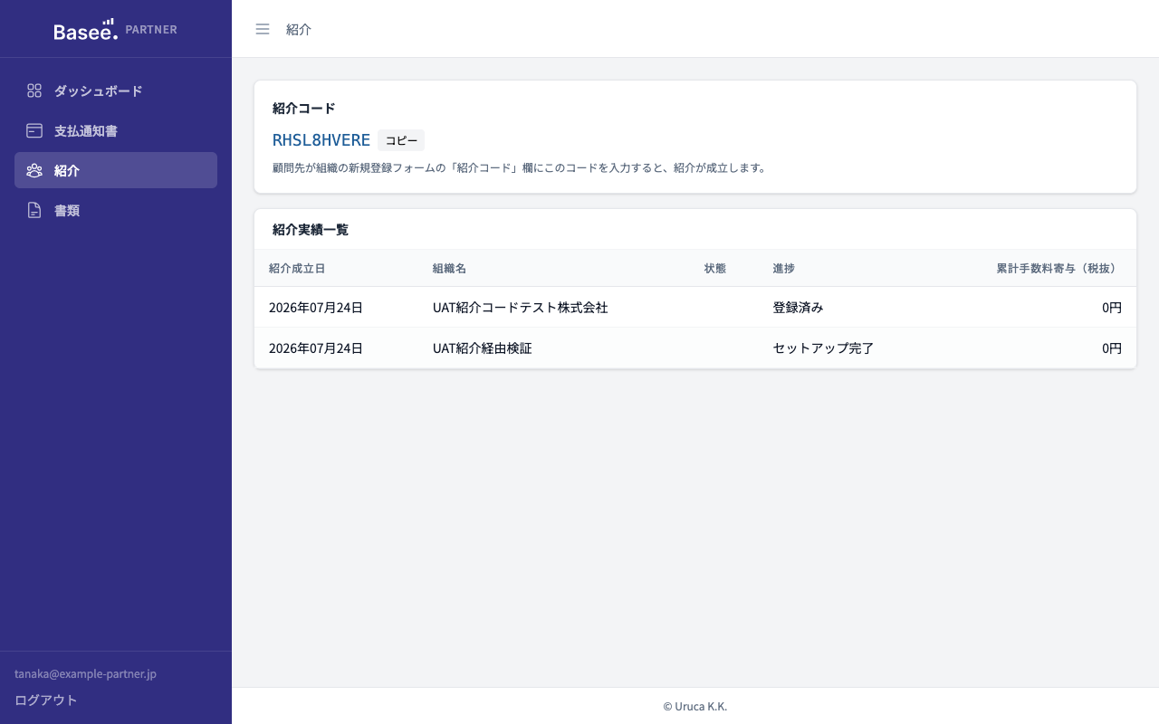 パートナーコンソールの紹介実績画面