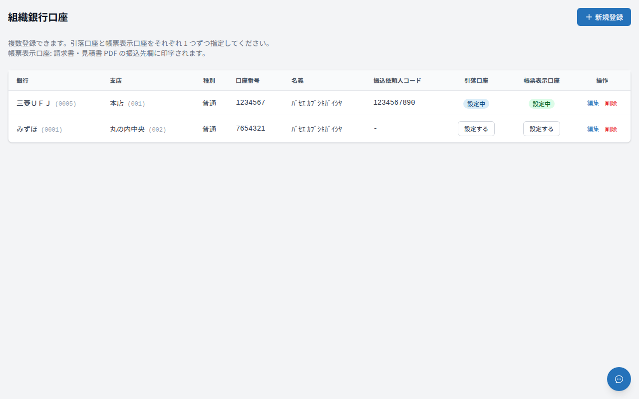 組織銀行口座 一覧画面
